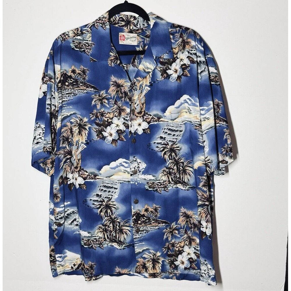 Hilo Hattie Vintage‎ Mens XL Hawaiian Shirt Button Guitar Print Blue USA Pocket
